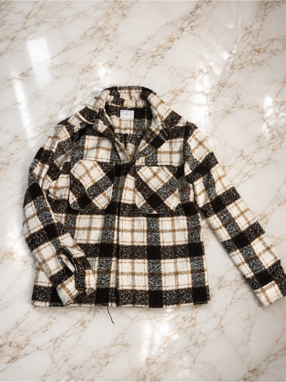 PacSun Plaid Utility Shacket in Cream, Black & Brown